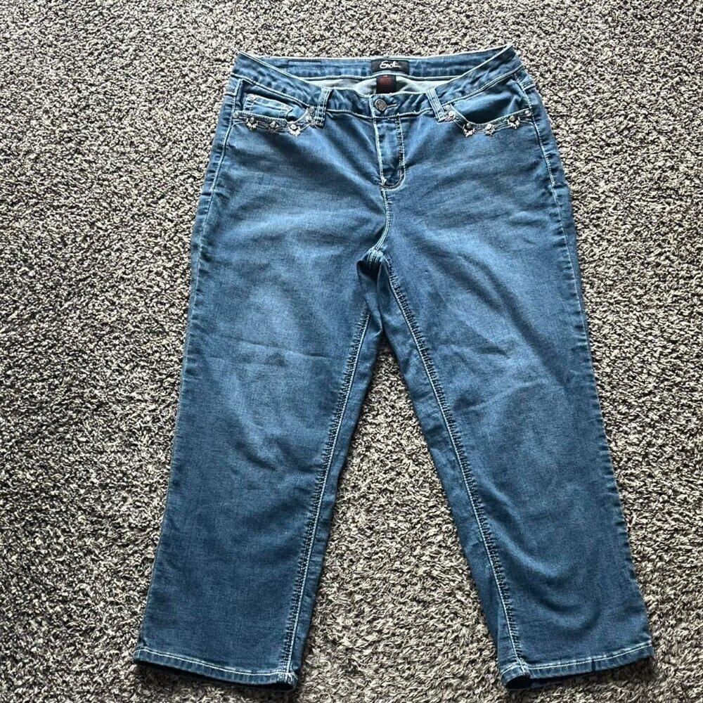 Y2K Babydoll Blue Denim Bootcut Wide Leg Earl Jeans Size 12 Rhinestone Coquette - Picture 2 of 8